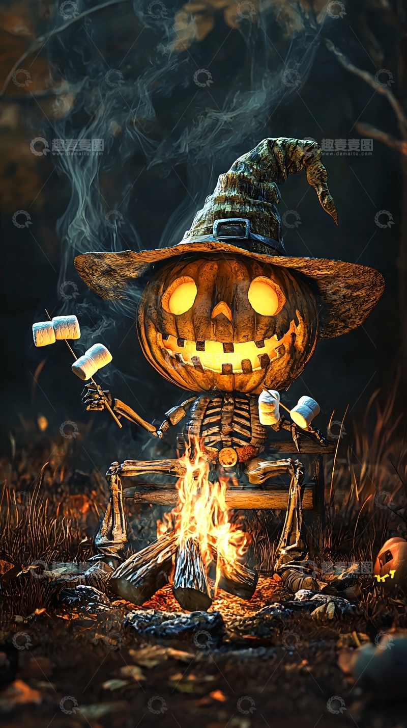 高清大图下载【趣麦麦图】万圣节南瓜骷髅烤棉花糖