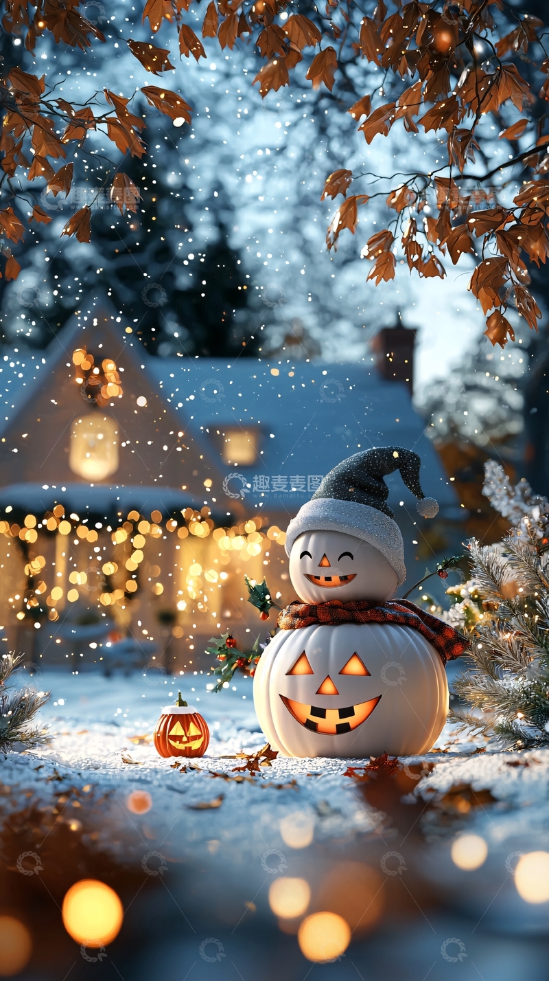 高清大图下载【趣麦麦图】万圣节雪景南瓜灯雪人