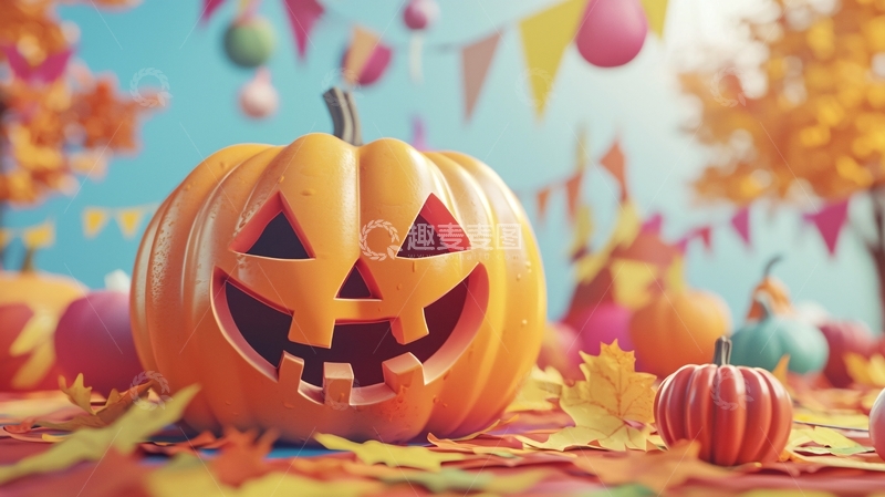 高清大图下载【趣麦麦图】万圣节南瓜灯与秋叶