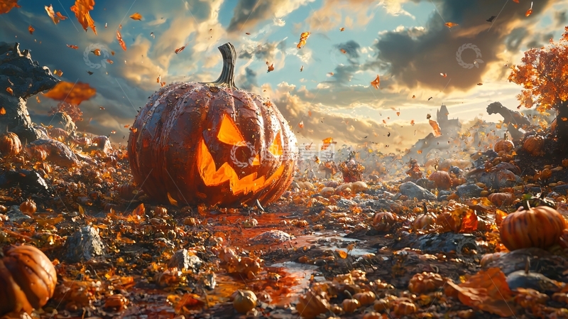 高清大图下载【趣麦麦图】秋日南瓜灯与落叶