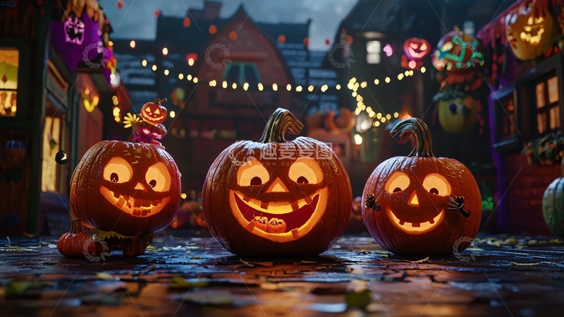 高清大图下载【趣麦麦图】万圣节南瓜灯街道夜景