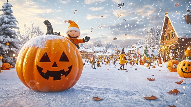 高清大图下载【趣麦麦图】万圣节雪景南瓜灯村庄