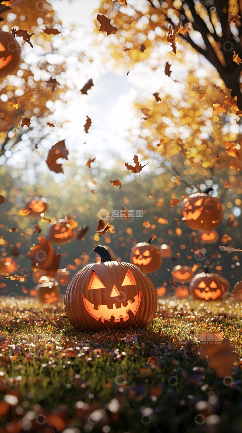 高清大图下载【趣麦麦图】秋日南瓜灯与落叶