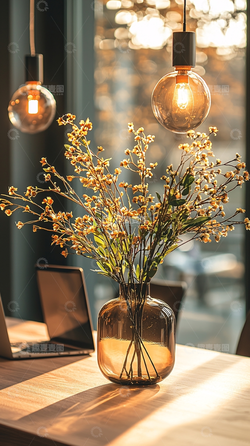 高清大图下载【趣麦麦图】温暖阳光下的花瓶与灯饰