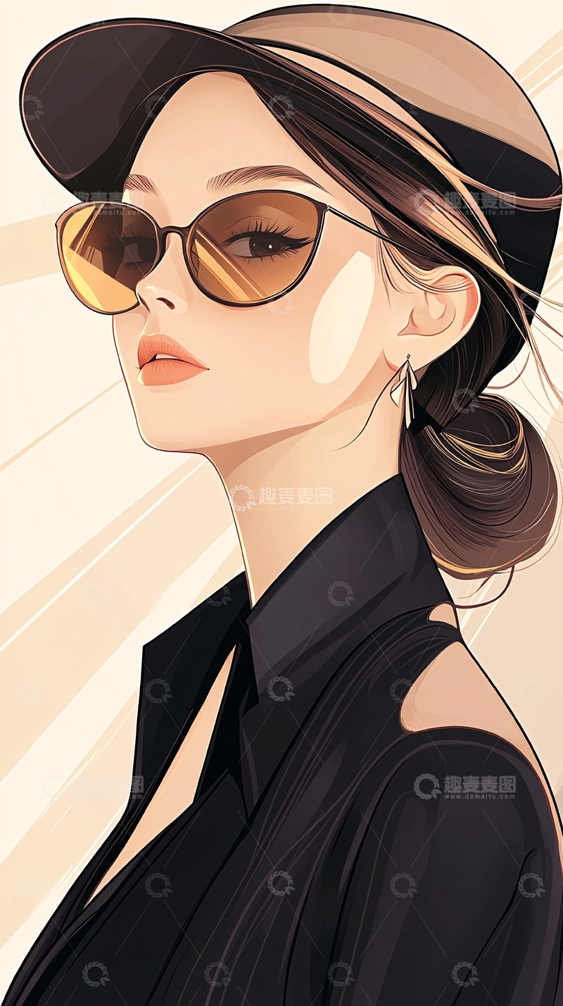 高清大图下载【趣麦麦图】时尚墨镜搭配优雅气质插画
