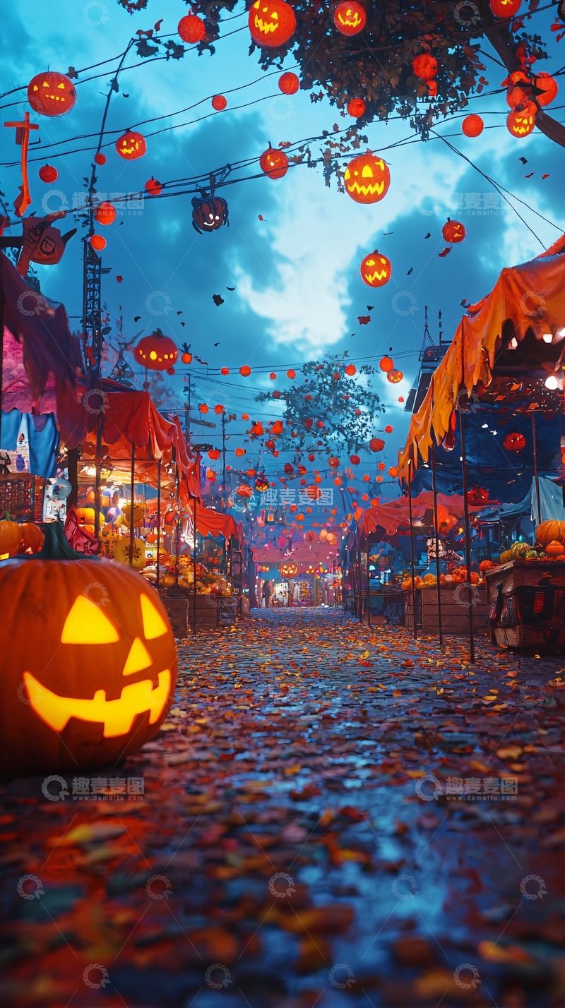 高清大图下载【趣麦麦图】万圣节南瓜灯市集夜景
