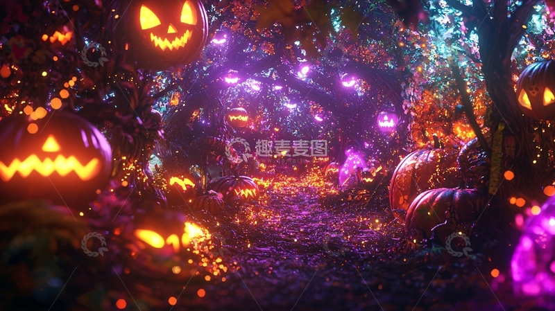 高清大图下载【趣麦麦图】万圣节南瓜灯森林夜景