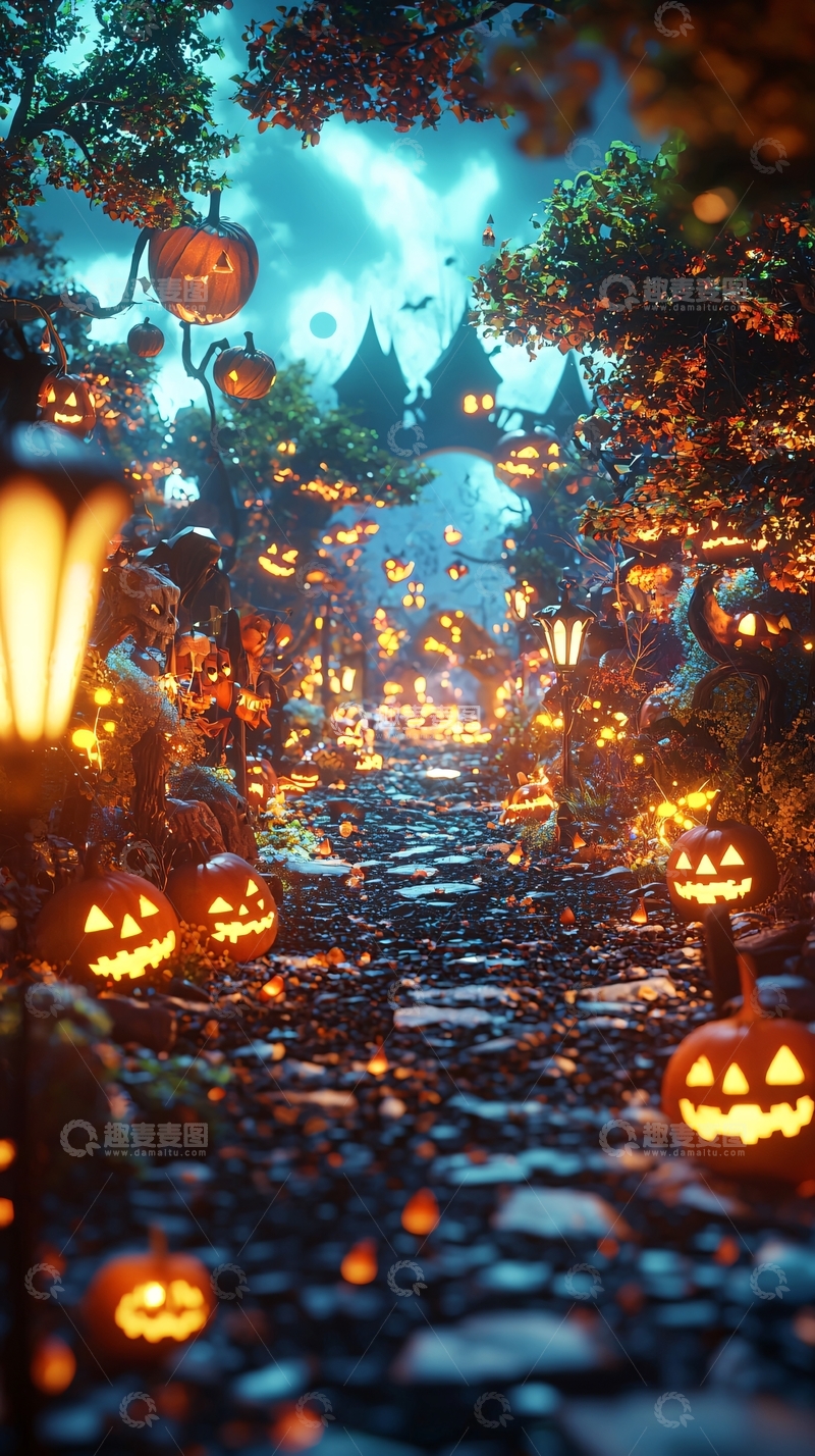 高清大图下载【趣麦麦图】万圣节南瓜灯森林小径