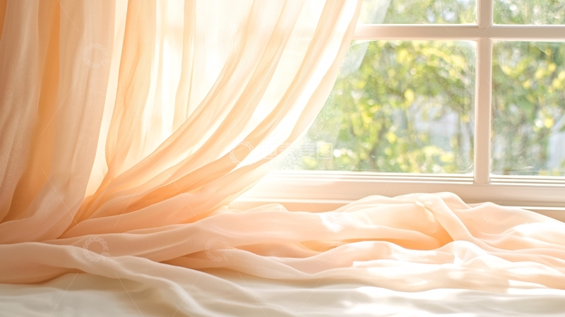 高清大图下载【趣麦麦图】柔和窗帘与窗外绿意