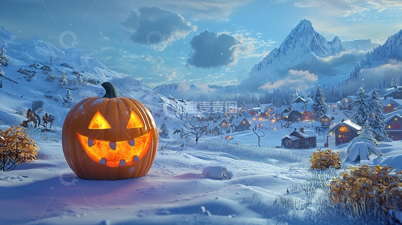 高清大图下载【趣麦麦图】雪地南瓜灯下的梦幻村庄