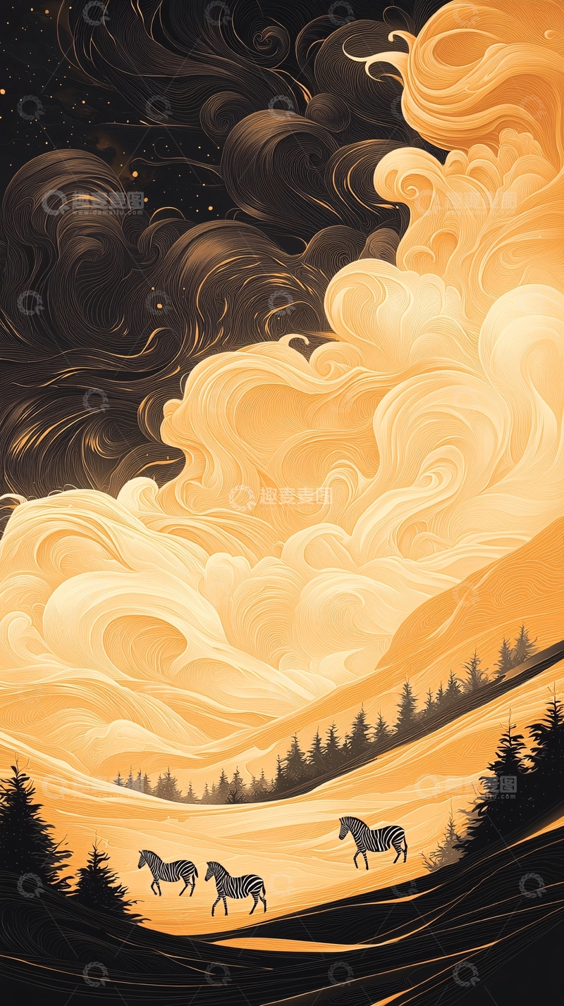 高清大图下载【趣麦麦图】梦幻山间斑马群