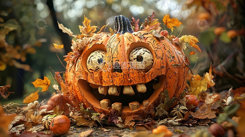 高清大图下载【趣麦麦图】万圣节南瓜灯与落叶