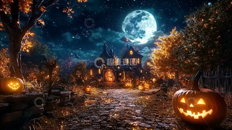 高清大图下载【趣麦麦图】万圣节夜晚村庄南瓜灯