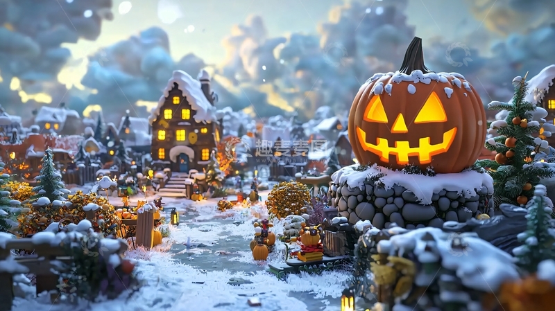 高清大图下载【趣麦麦图】冬日雪景中的南瓜灯村庄