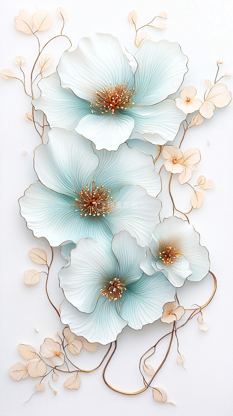 高清大图下载【趣麦麦图】蓝色花朵与金色枝条的艺术插画