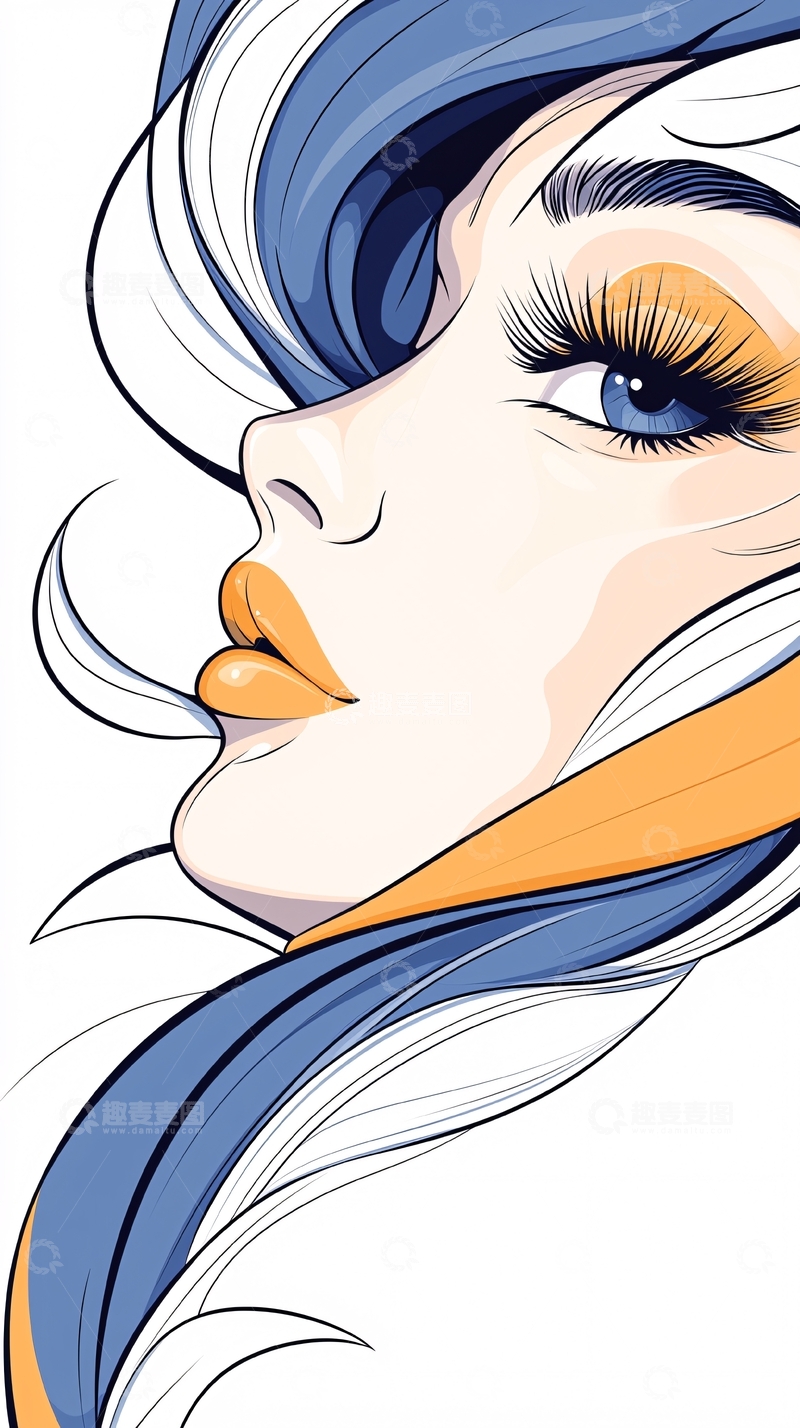 高清大图下载【趣麦麦图】蓝色头发女性侧脸插画