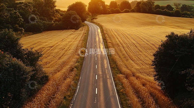 高清大图下载【趣麦麦图】夏季金色麦田环绕的田野公路航拍