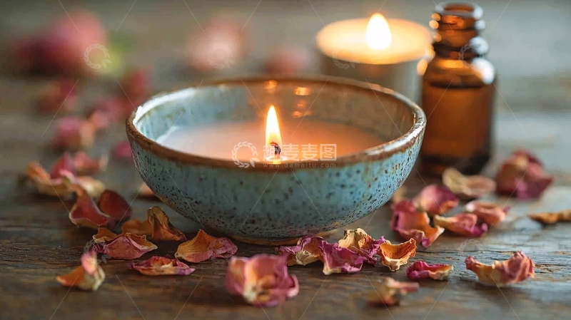 高清大图下载【趣麦麦图】陶瓷碗与薰香蜡烛组合