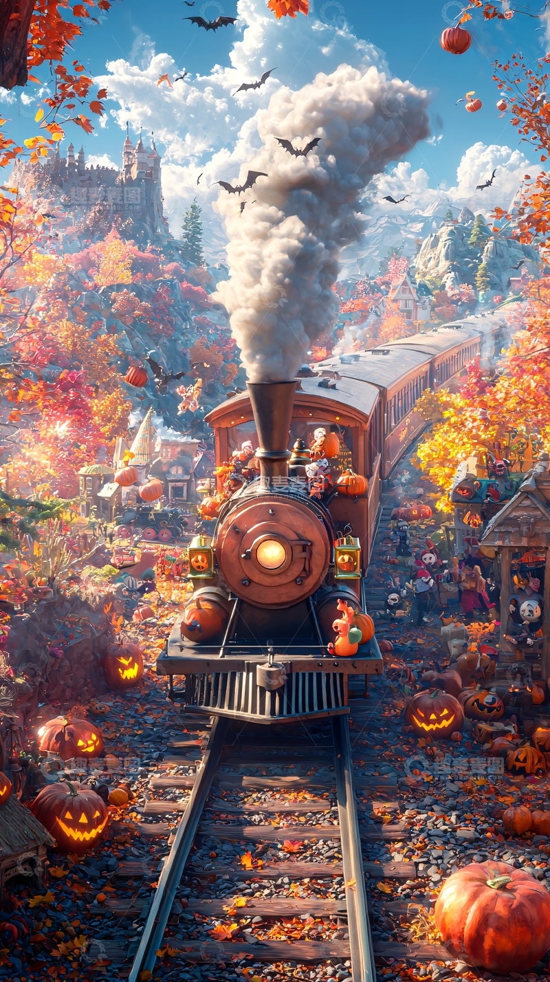 高清大图下载【趣麦麦图】万圣节主题蒸汽火车风景