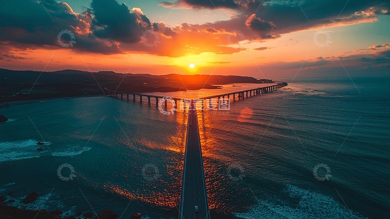 高清大图下载【趣麦麦图】夏季黄昏映照的大桥公路航拍