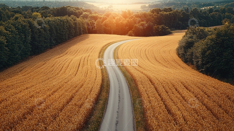 高清大图下载【趣麦麦图】夏季金色麦田环绕的田野公路航拍