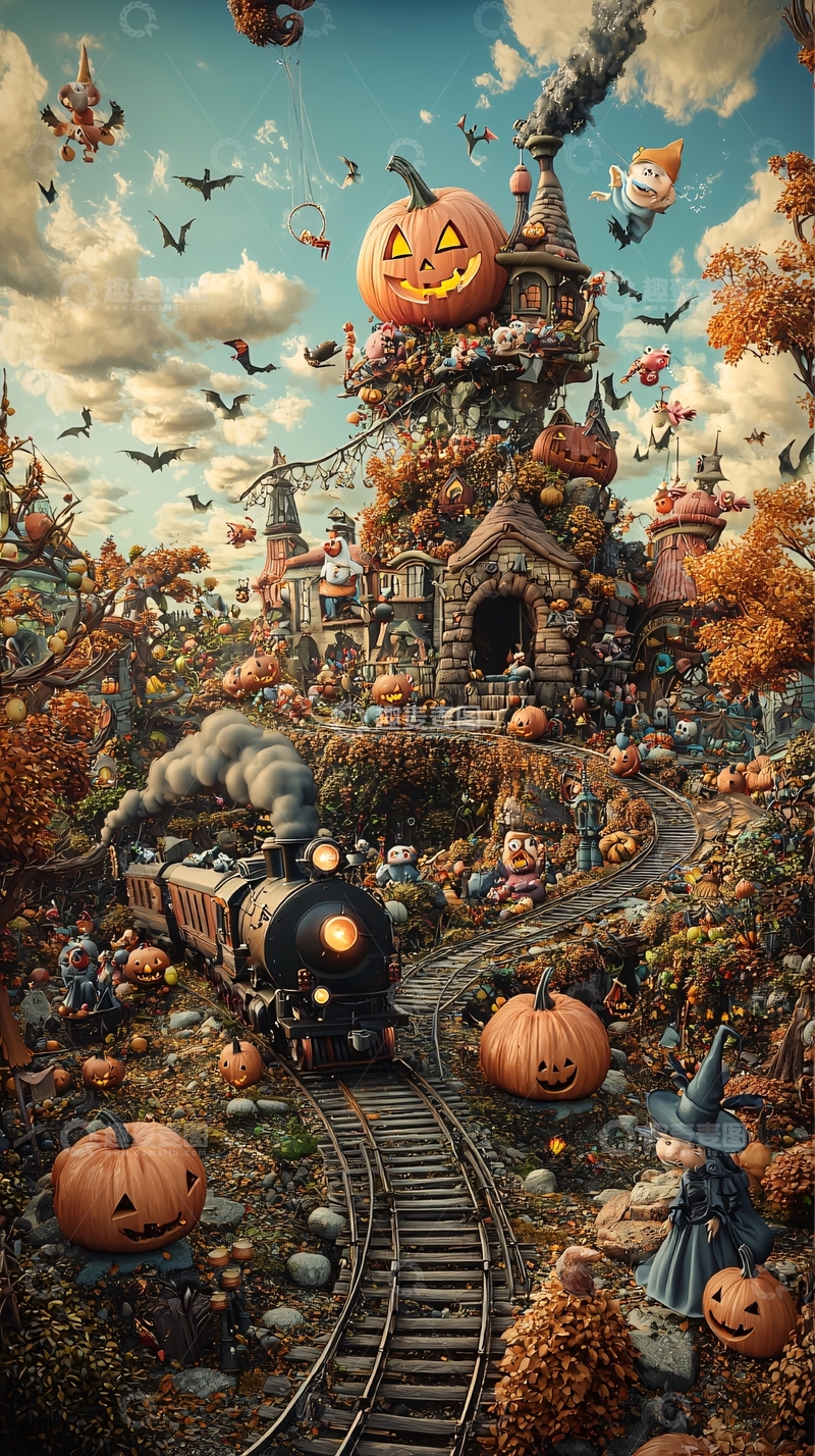 高清大图下载【趣麦麦图】万圣节主题火车与南瓜城堡