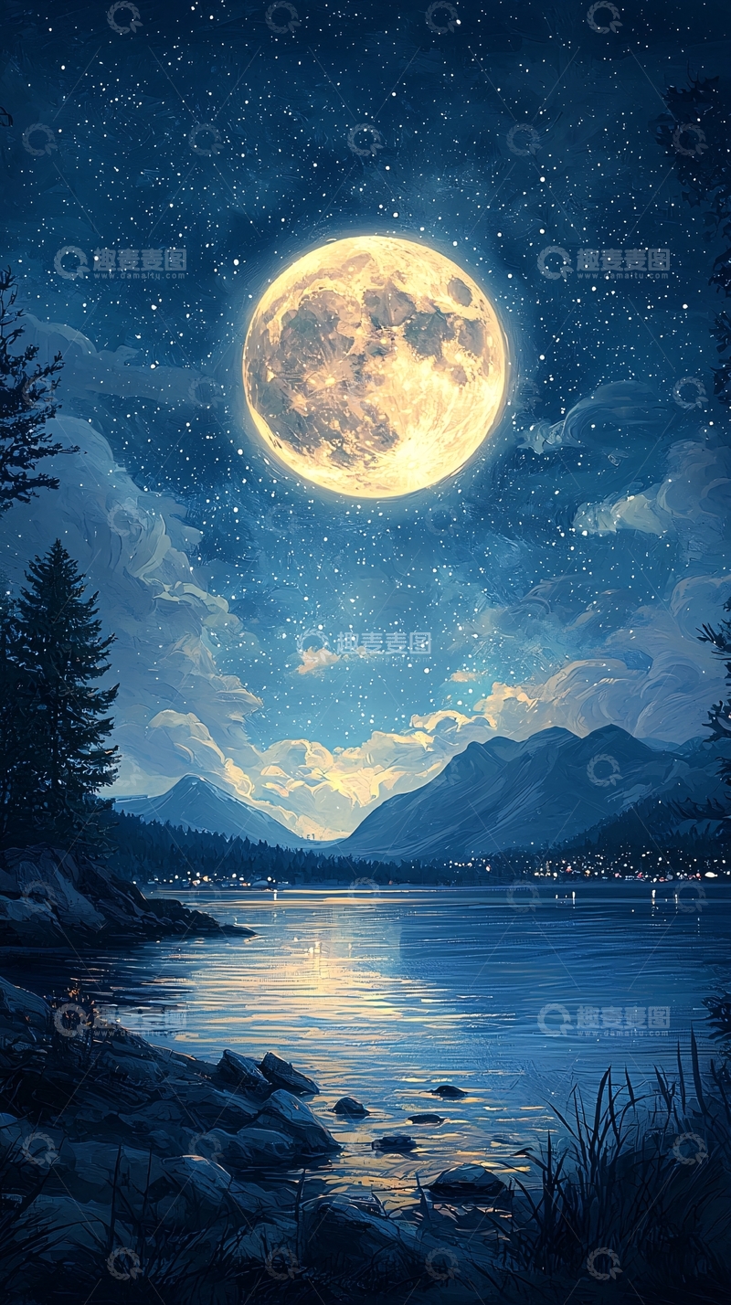高清大图下载【趣麦麦图】月光下的湖畔夜景
