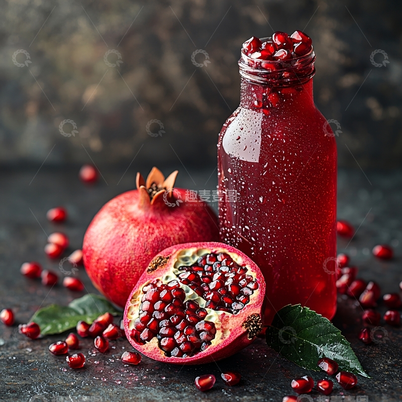 高清大图下载【趣麦麦图】透明玻璃瓶与石榴果汁