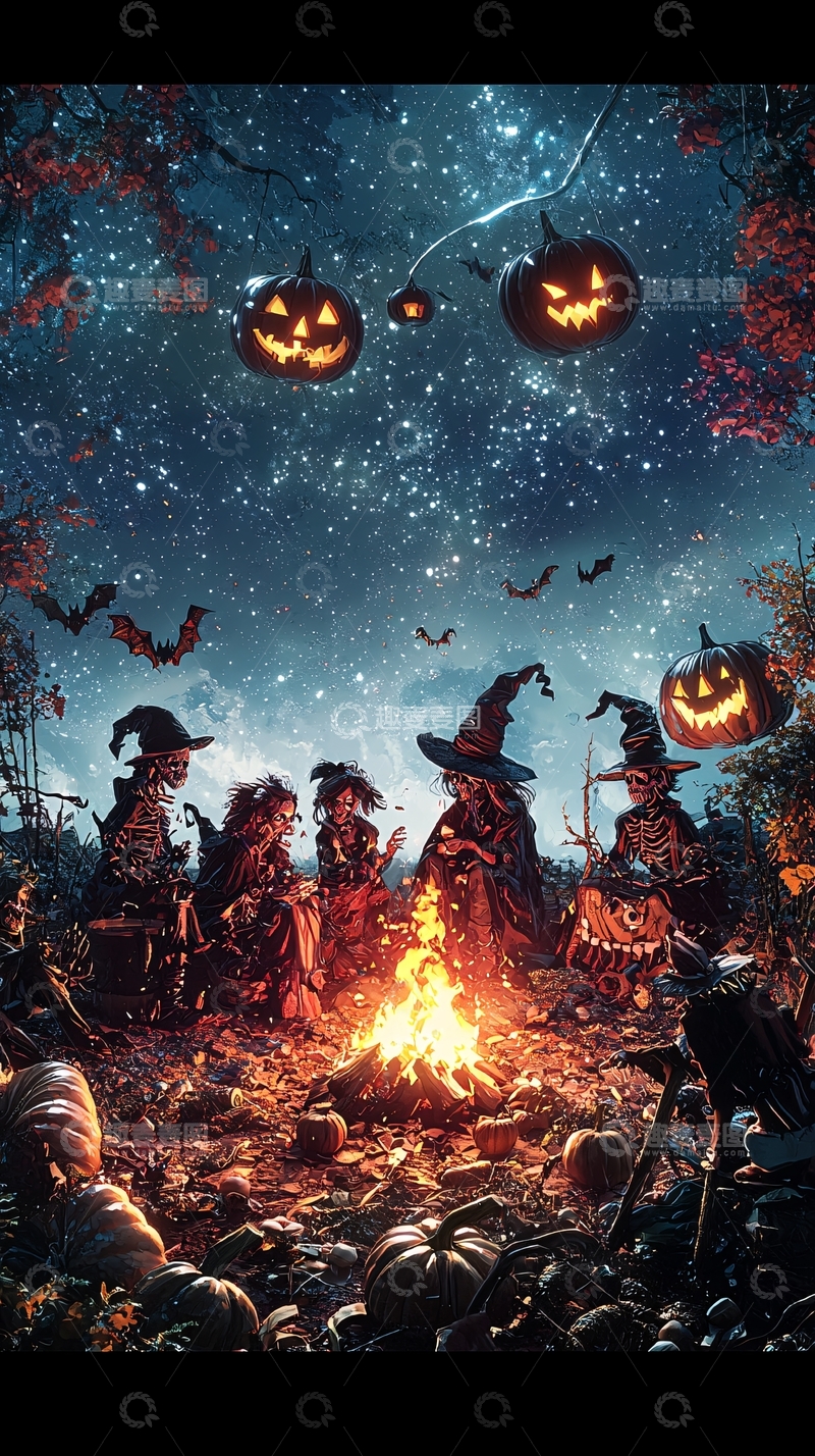 高清大图下载【趣麦麦图】万圣节夜晚篝火聚会