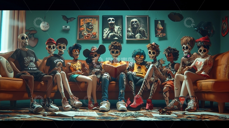 高清大图下载【趣麦麦图】骷髅朋克风格的客厅场景