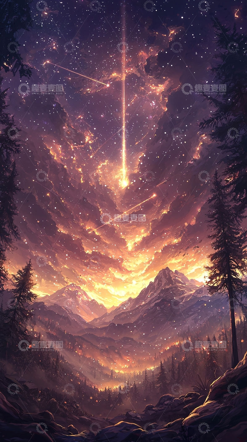 高清大图下载【趣麦麦图】流星雨下的雪山森林