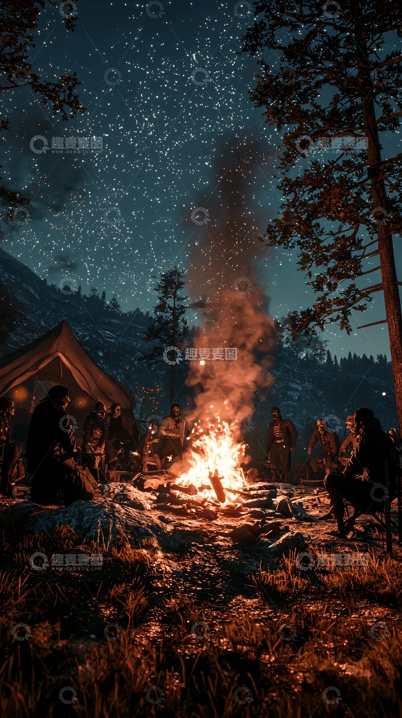 高清大图下载【趣麦麦图】夜晚篝火旁的露营场景