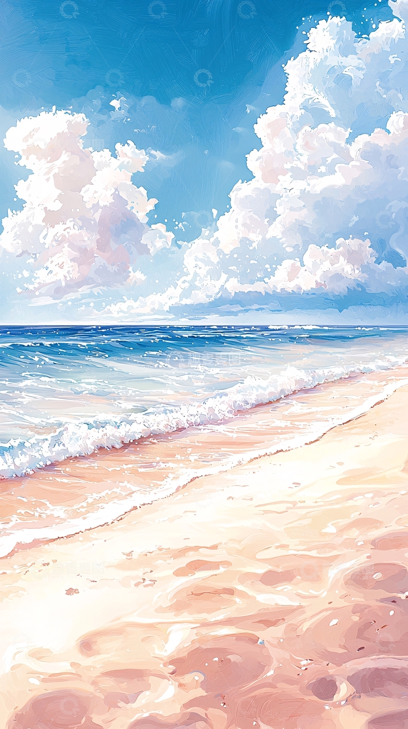 高清大图下载【趣麦麦图】海滩海浪沙滩风景画