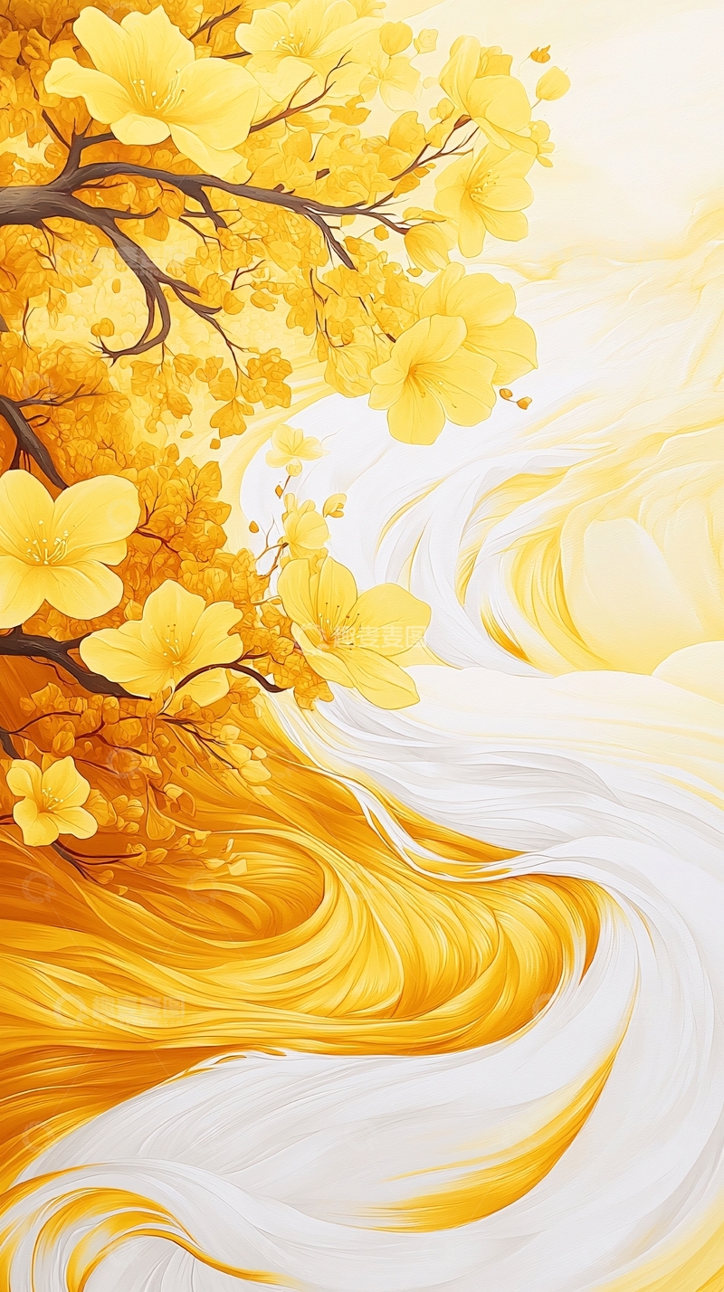 高清大图下载【趣麦麦图】金色樱花与流动线条的艺术画