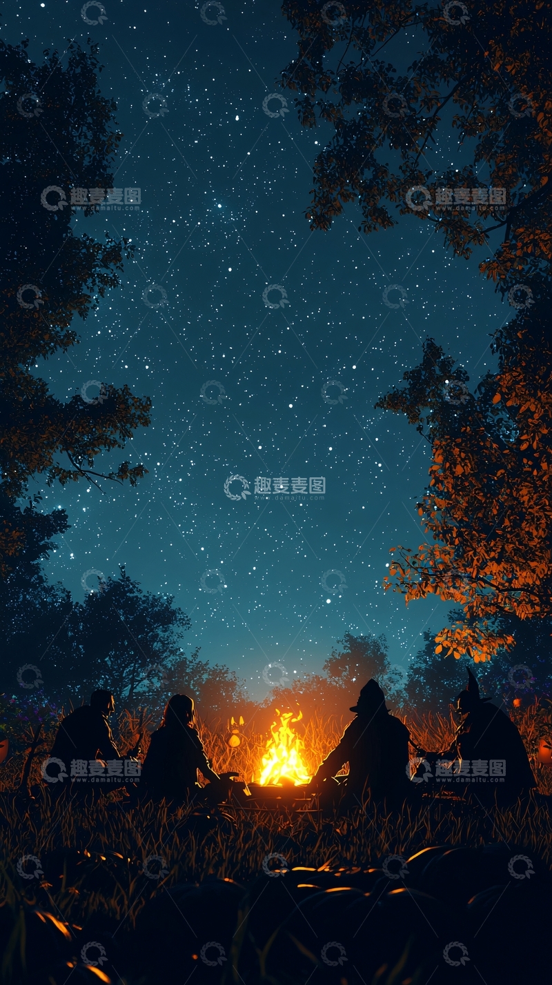 高清大图下载【趣麦麦图】夜晚篝火下的森林聚会