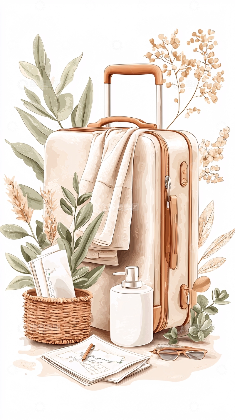 高清大图下载【趣麦麦图】旅行准备行李箱与植物装饰