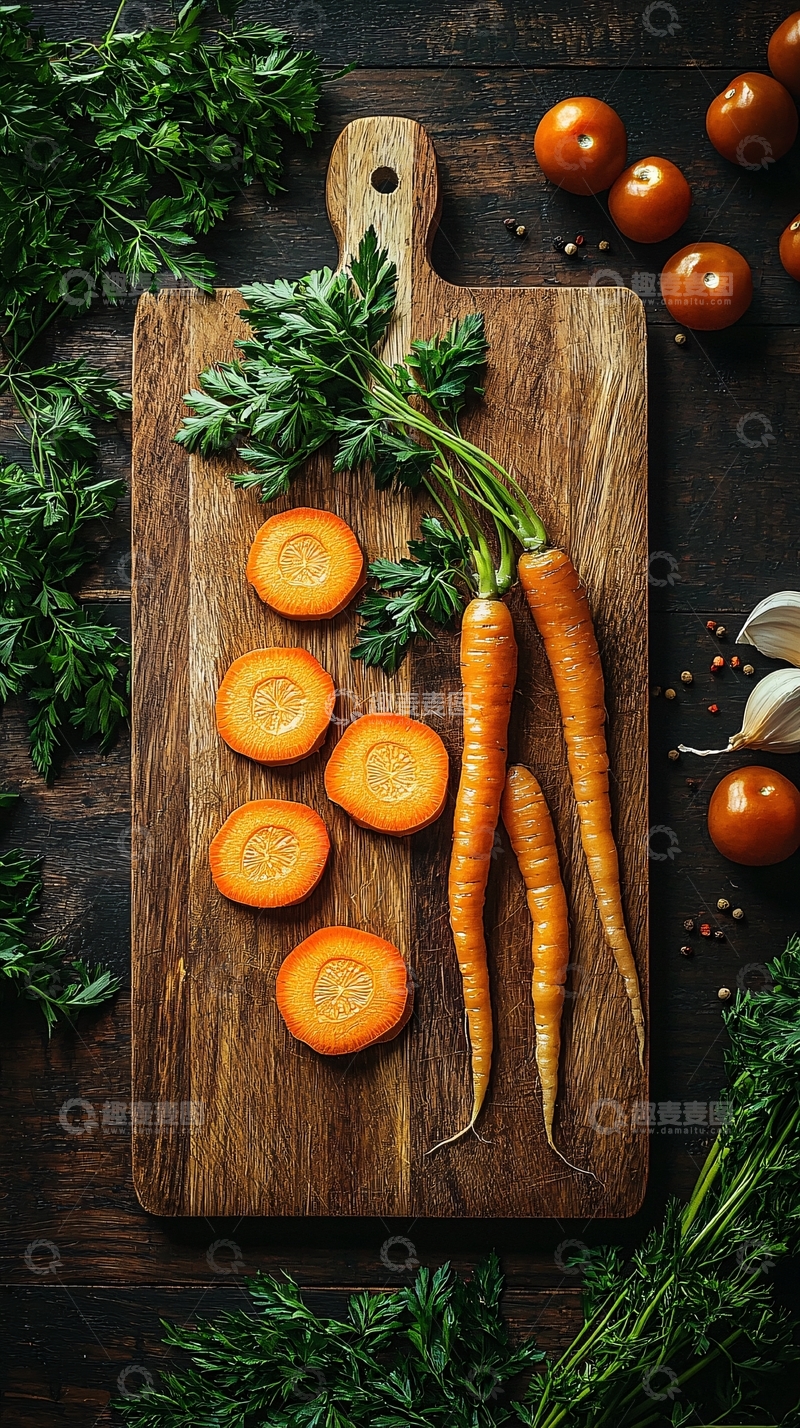 高清大图下载【趣麦麦图】木质砧板与切片胡萝卜