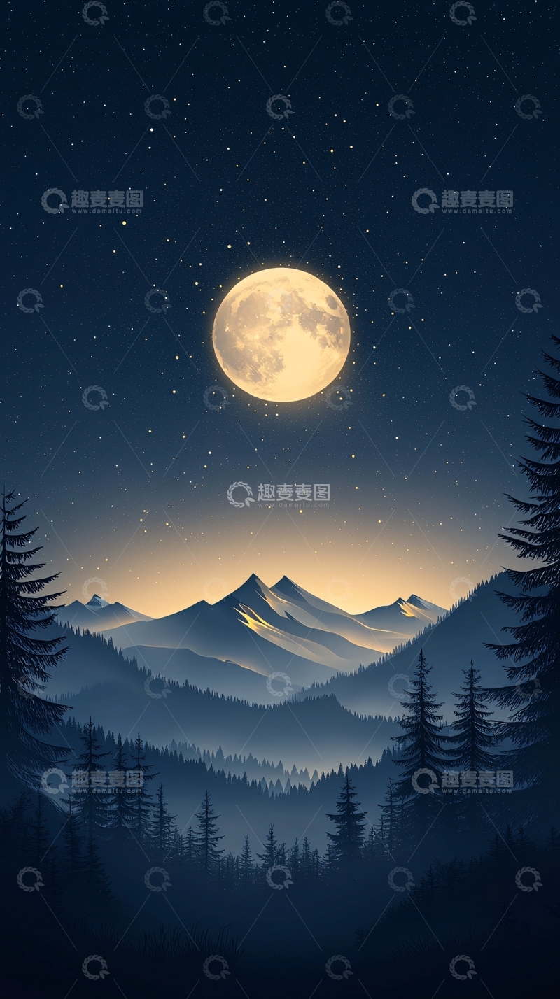 高清大图下载【趣麦麦图】月光下的山林夜景