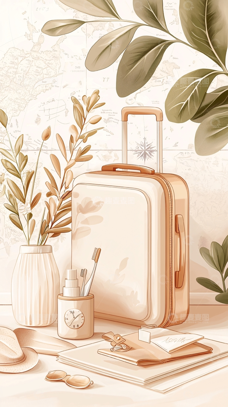 高清大图下载【趣麦麦图】旅行准备：行李箱与个人物品
