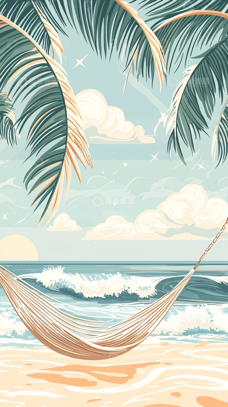 高清大图下载【趣麦麦图】海滩上的吊床和椰子树