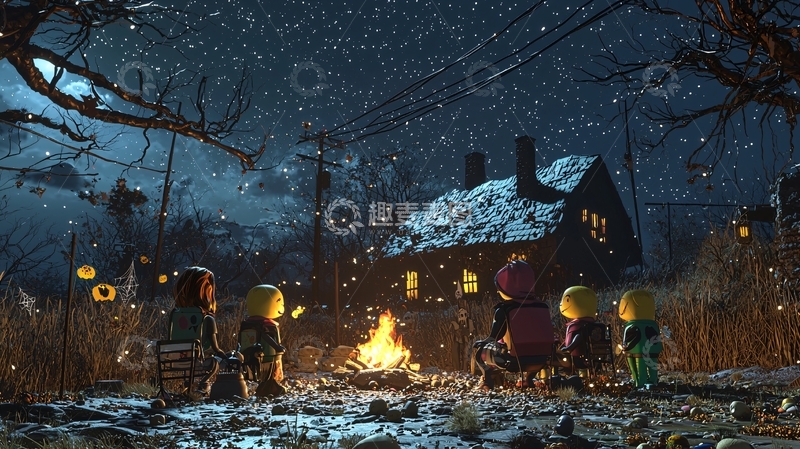 高清大图下载【趣麦麦图】冬夜篝火聚会