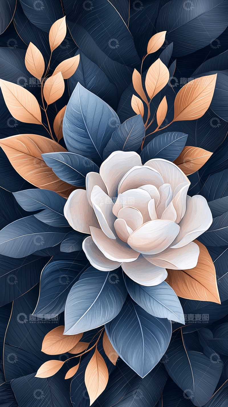 高清大图下载【趣麦麦图】蓝色背景下的白色花朵与叶子