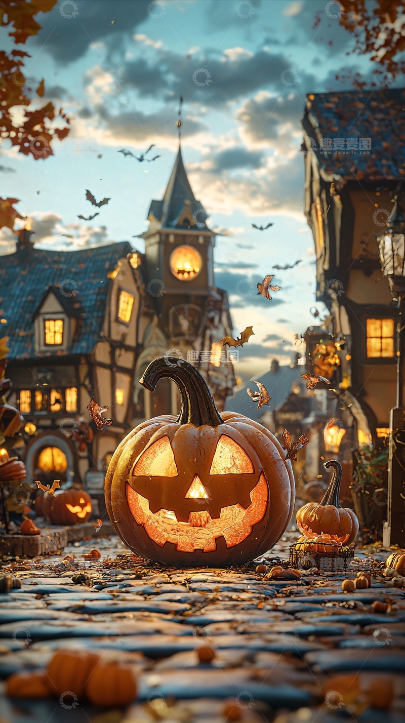 高清大图下载【趣麦麦图】万圣节南瓜小镇夜景