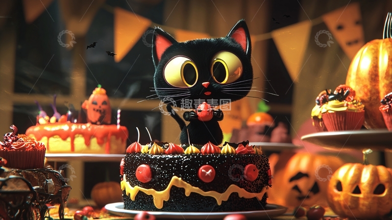 高清大图下载【趣麦麦图】万圣节主题蛋糕与黑猫装饰