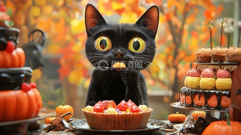 高清大图下载【趣麦麦图】万圣节黑猫与甜点