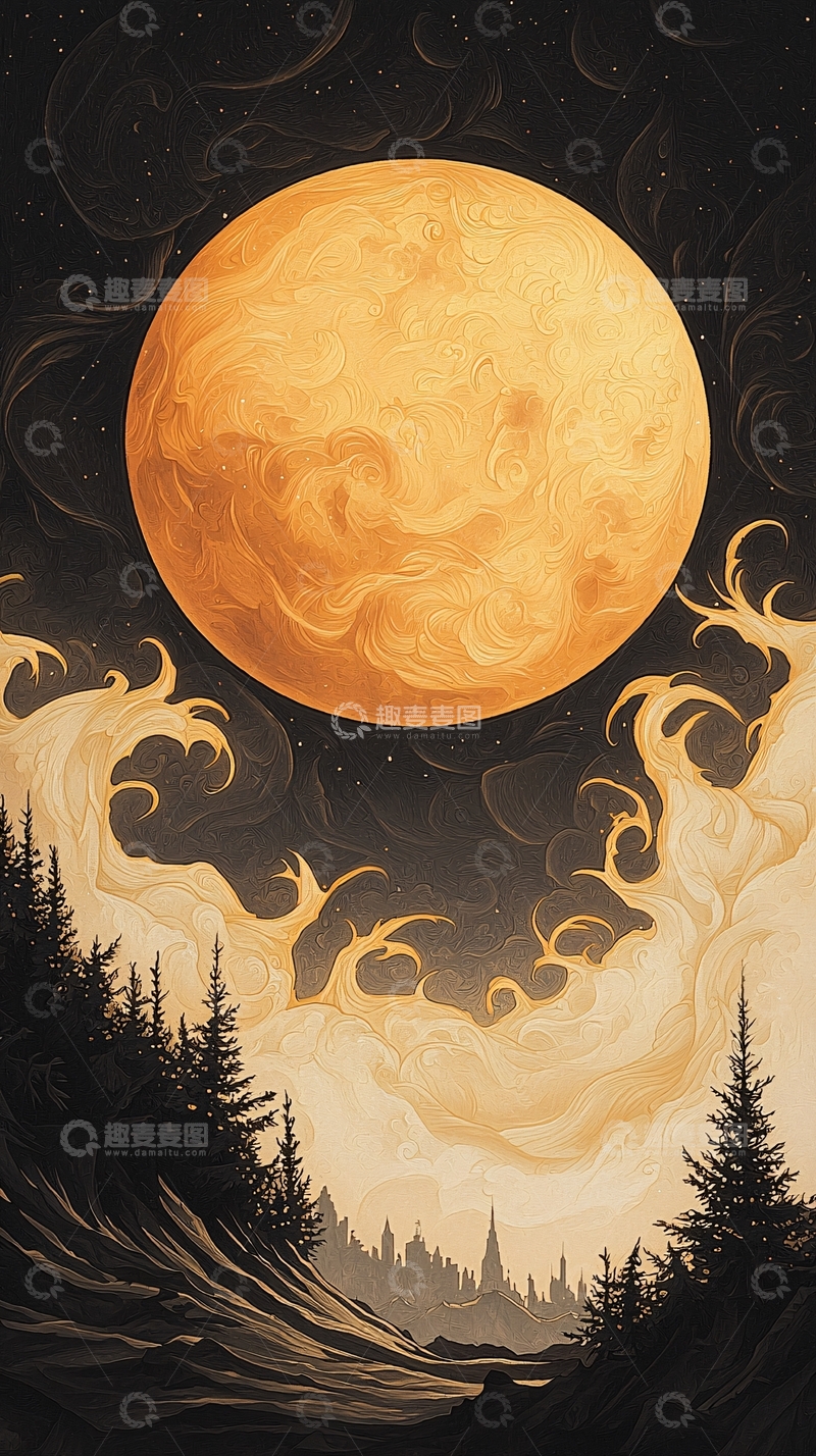 高清大图下载【趣麦麦图】奇幻夜景中的巨大月亮