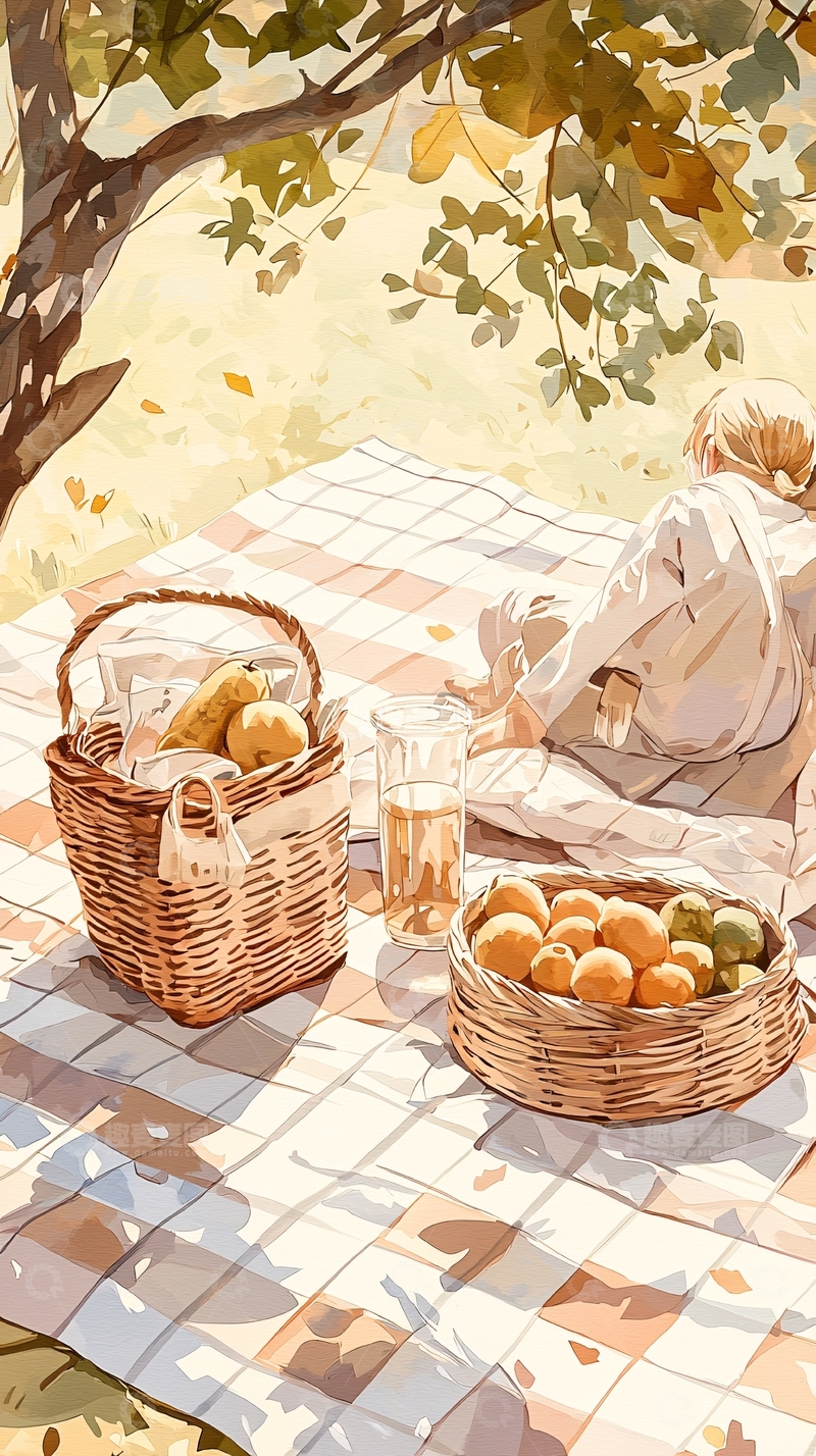 高清大图下载【趣麦麦图】秋日野餐篮子里的水果与饮料
