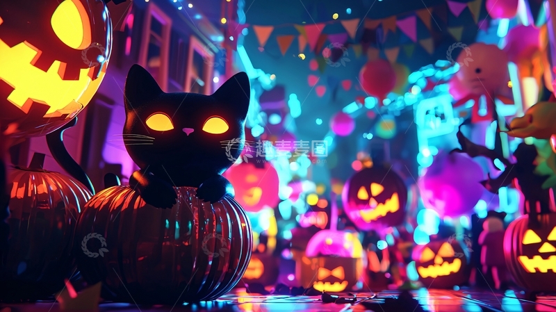 高清大图下载【趣麦麦图】万圣节夜猫南瓜灯装饰场景