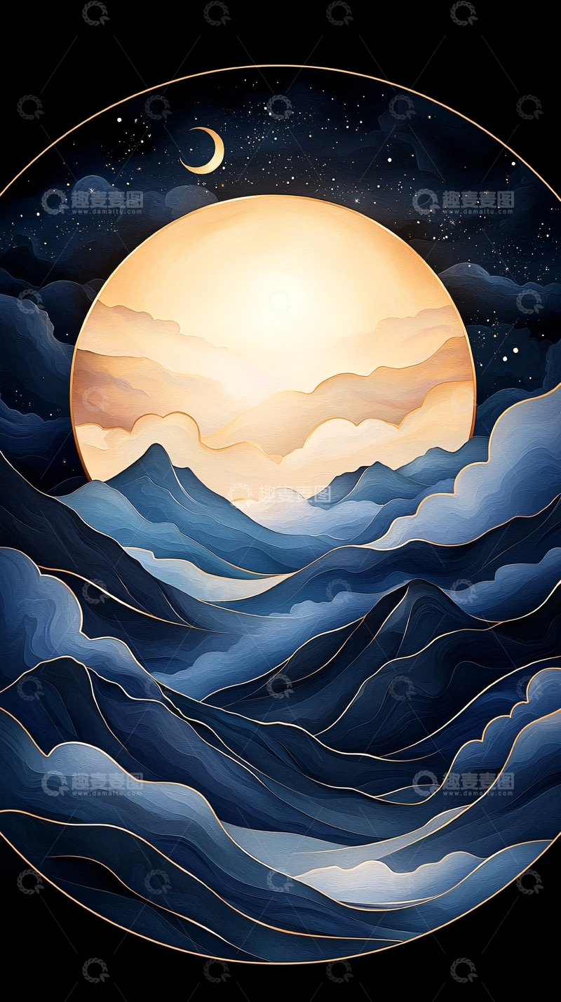 高清大图下载【趣麦麦图】夜空下的山峦与月亮