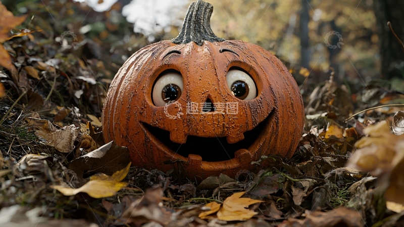 高清大图下载【趣麦麦图】万圣节南瓜灯在落叶中